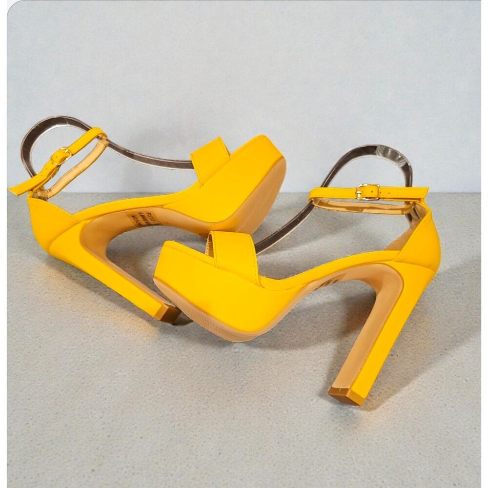 Mustard Platform High Heels With Ankle Strap Open Toe Design Faux Leather Finish - Picture 6 of 9